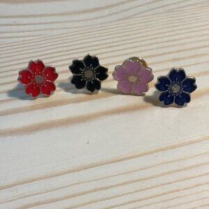 Cherry Blossom Flower Enamel Lapel Pins In Red Black Pink & Blue